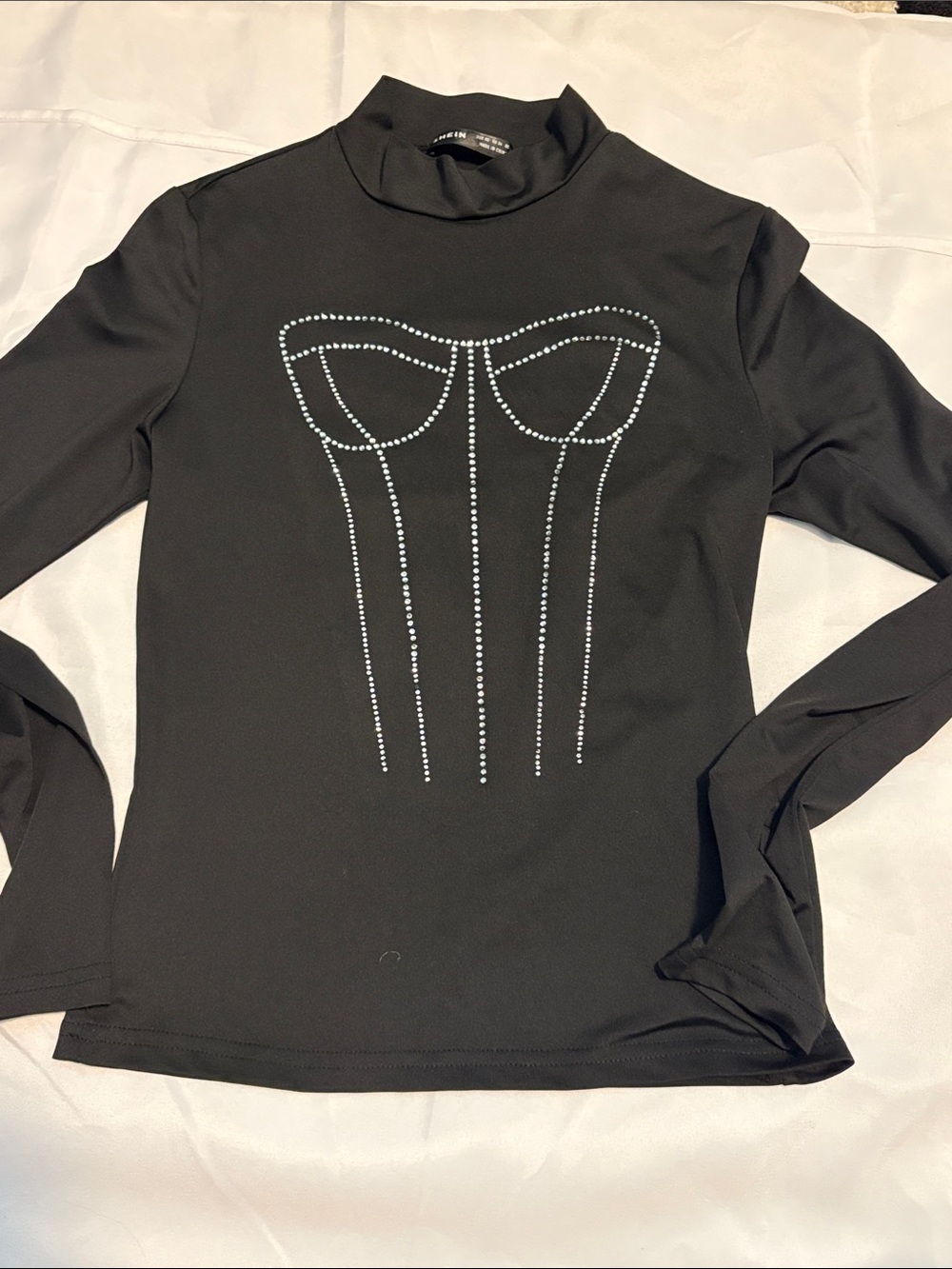 SHEIN Black Long Sleeve Rhinestone Corset Graphic Top XS